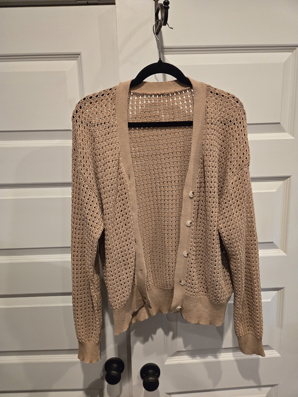 Beige Open-Knit Button-Front Women's Cardigan Sweater